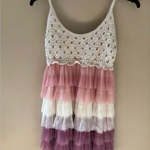 Crochet Top Layered Ruffled Dress in Pink and Purple